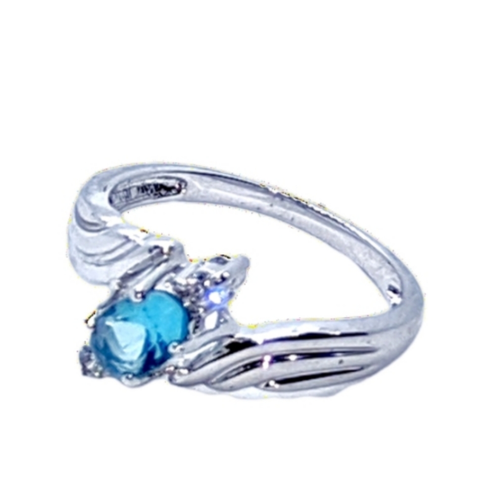 Blue Topaz & Clear CZ Stones Rhodium Plated Ring Size 6 NWOT
